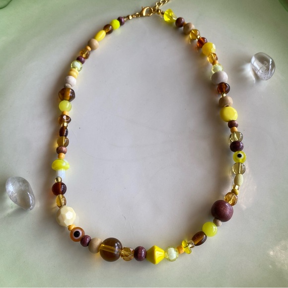 Amber Waves Brown & Yellow Beaded Necklace Mixed Beads Evil Eye Wood Glass Gold - Picture 4 of 9